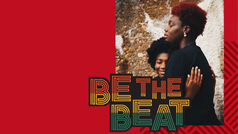 on a red background is a photo of a Black woman and child hugging with the BE THE BEAT logo overlapping the bottom left corner of the photo on a red background is a photo of a Black woman and child hugging with the BE THE BEAT logo overlapping the bottom left corner of the photo